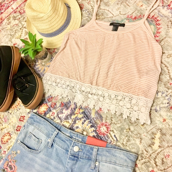 Forever 21 Tops - Pink Striped Crochet Crop Top